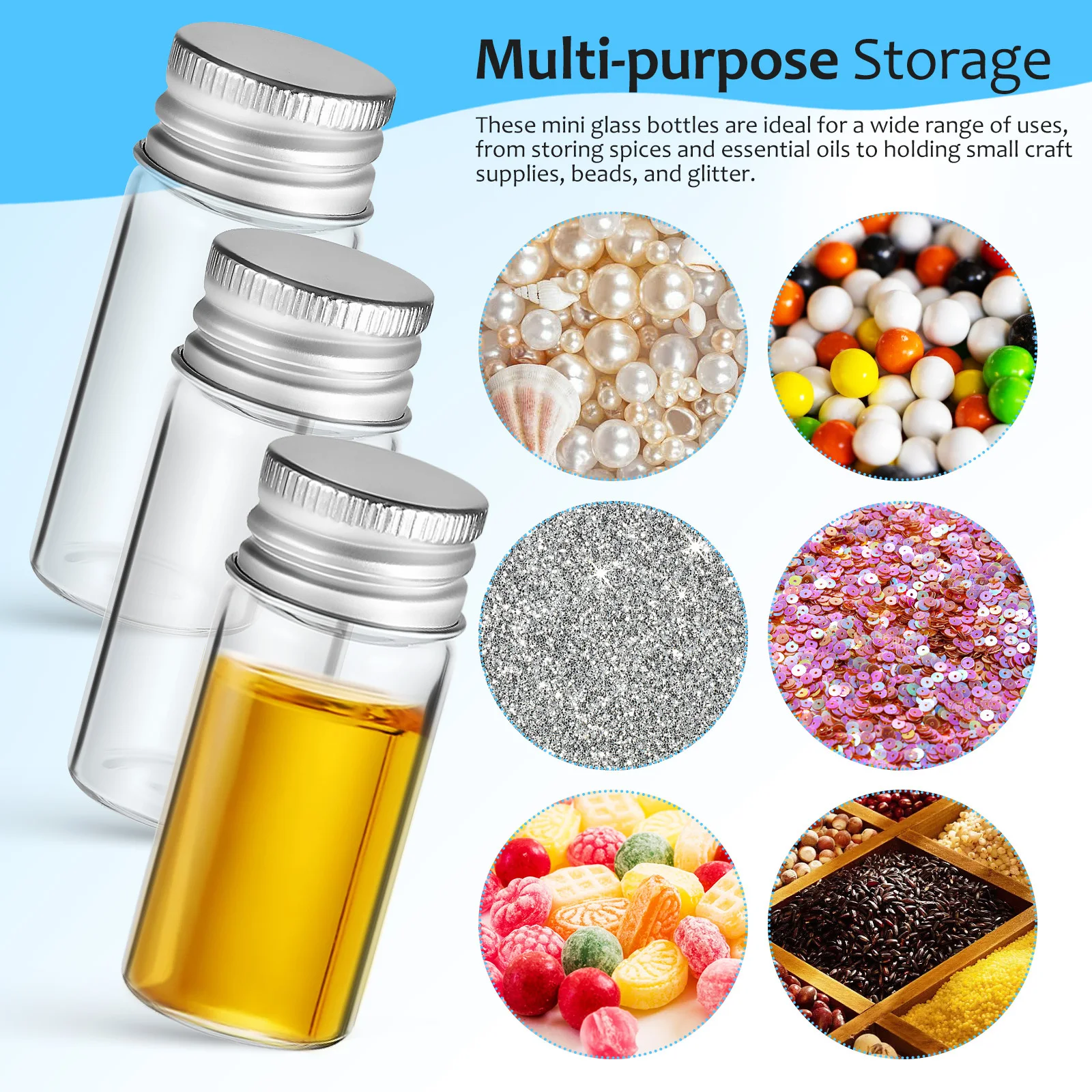 20 قطعة زجاجات صغيرة من الزجاج الشفاف مع أغطية معدنية 10 مل قوارير تخزين صغيرة للزيوت الأساسية ومساحيق التوابل ومنظم السفر