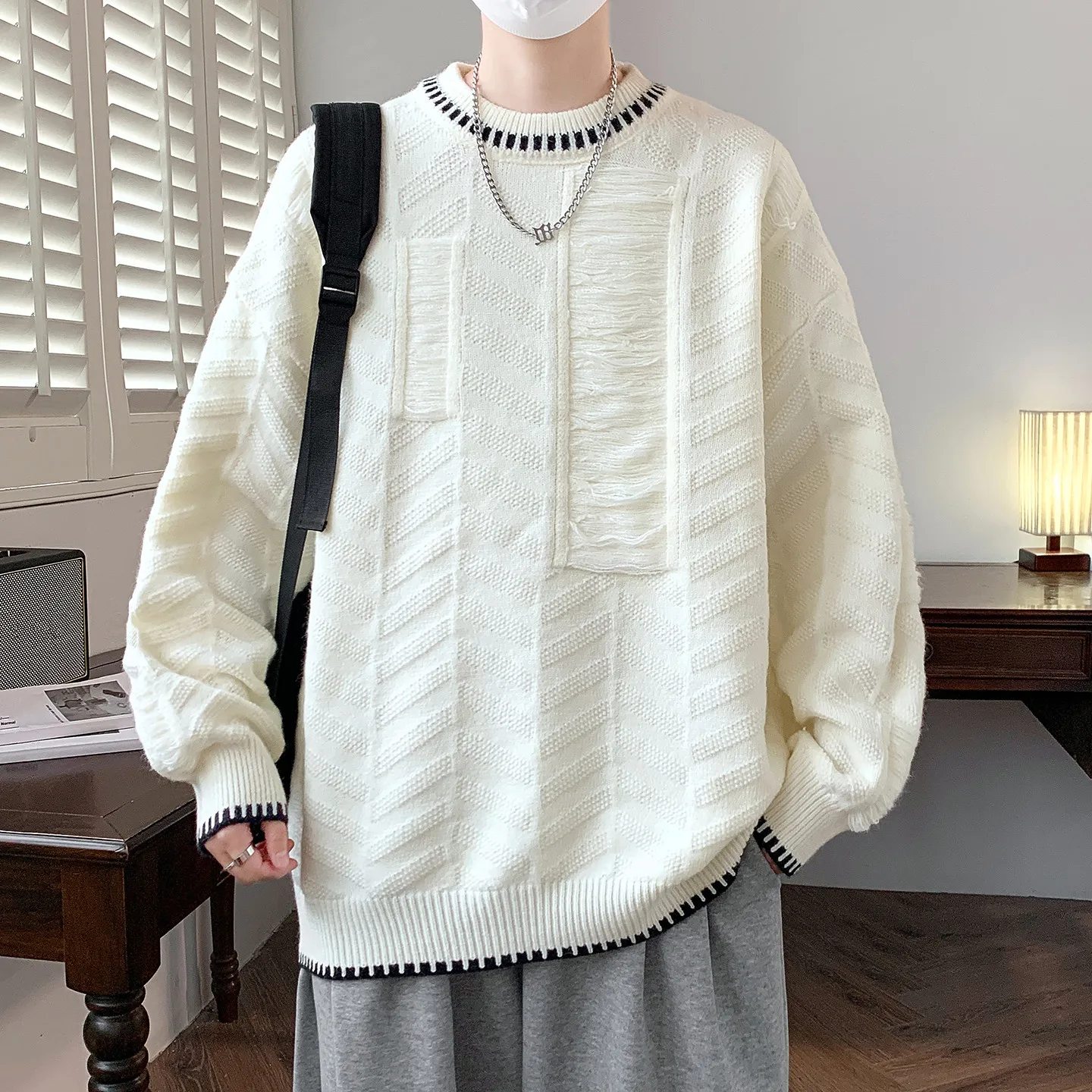

Autumn Winter O-Neck Knitted Sweater Men Fashion Patchwork Hole Casual Pullover Man Loose Warm Hip Hop Streetwear Knit Pullovers