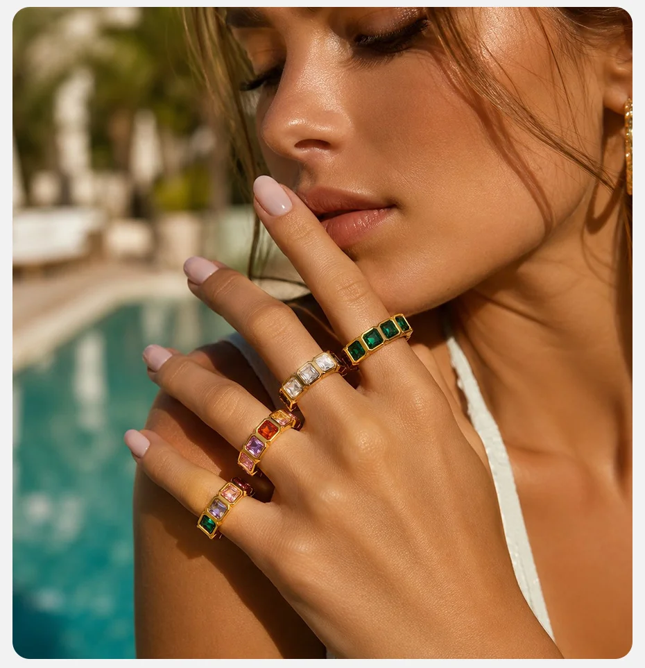 Vnox Offener Verstellbarer Ring, Vergoldetes Kupfer, Rechteckiger CZ-Band, Stapelbare Zirkon-Fingerringe, Modeschmuck Geschenk für Frauen – Detail 3