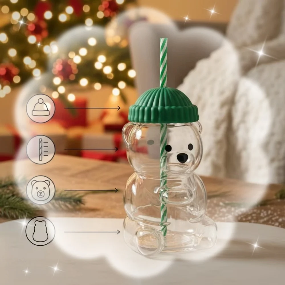 

Hot Creative Bear Mug Transparent Glass Cup With Straw Cute Cartoon Coffee Cups For Hot Drinks In Autumn Winter Milk Tea Cups