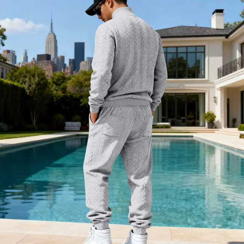 Men's Fleece-Lined Warm High-Neck Two-Piece Set Knit Sweater Casual Jogger Pants Winter Leisure Sports Set view 3