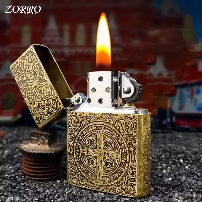 ZORRO Brass Kerosene Lighter Classic Constantin Metal Personalized Deep Carved Pattern Creative Smoking Accessories Men's Gift