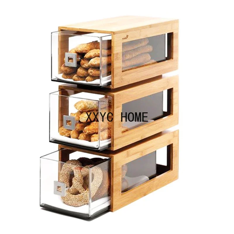 Acrylic Wooden Bread Display Drawer Box Multi-Functional Shopping Mall Supermarket Food Display Dustproof and Waterproof