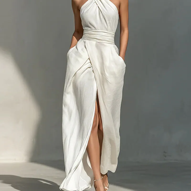 Women Sexy Off Shoulder High Waist Long Dress Spring Criss Cross Halter Hollow Boho Dress Summer Sleeveless Vacation Beach Dress - Image 5
