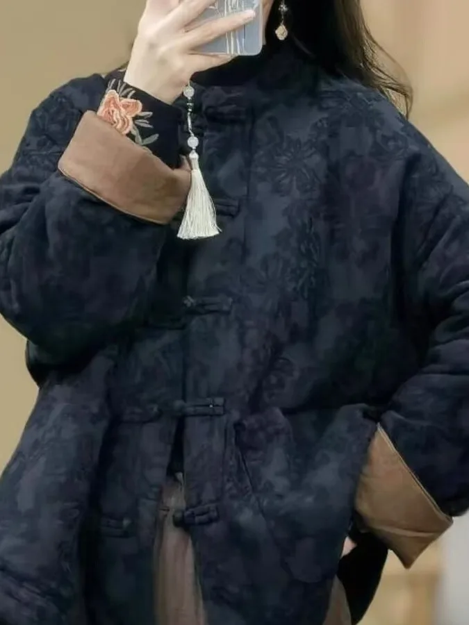 

Retro Zen Stand Collar Single Row Button Embroidered Cotton Jaet Women's Winter Casual Cotton Coat Liner Thiened Long Sve