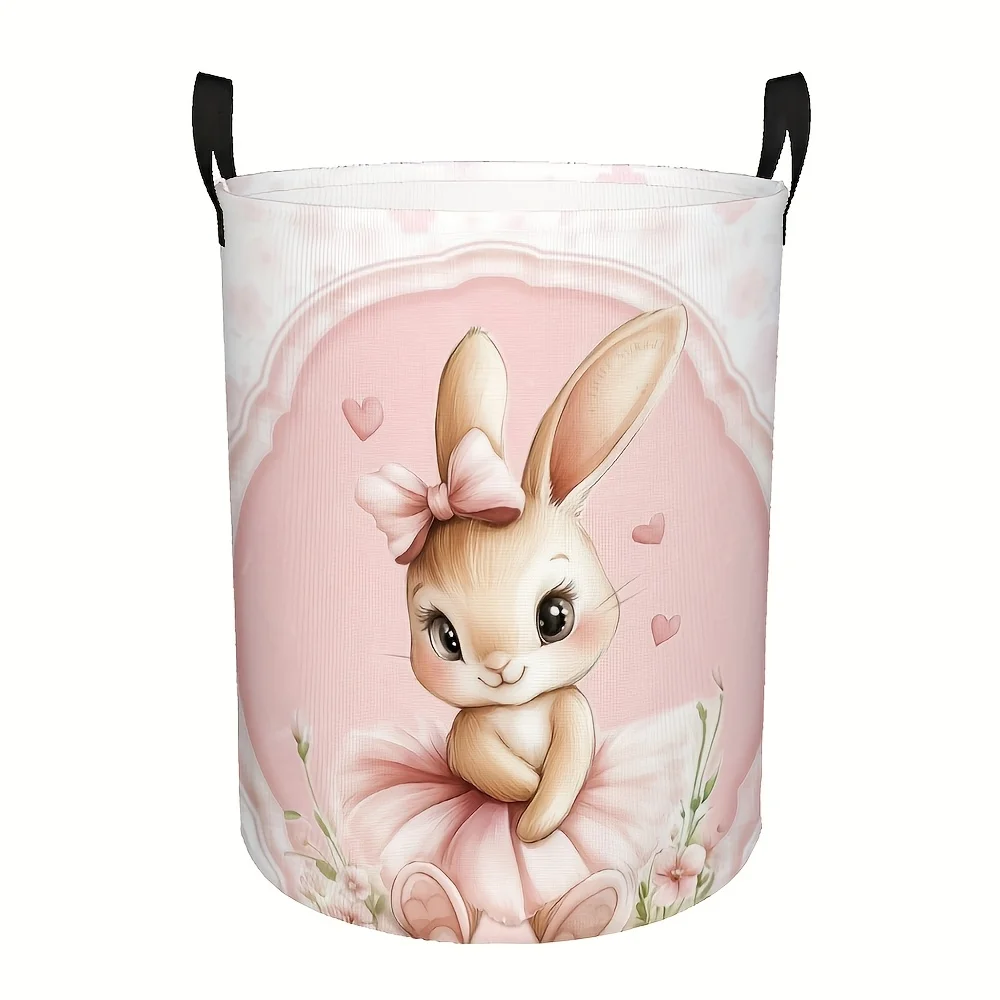 Pink Ballet Rabbit Foldable Hamper with Floral Heart Large Round Storage Basket Cute Bunny Design with Sturdy Handle Suitable