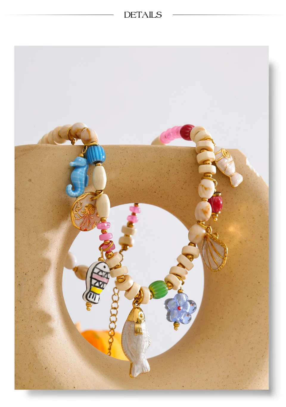 Yhpup Ocean Style Harz-Holzperlenkette mit Fisch-, Muschel- und Seepferdchen-Anhänger – Stylische, wasserdichte, handgefertigte Sommerhalskette – Detail 8