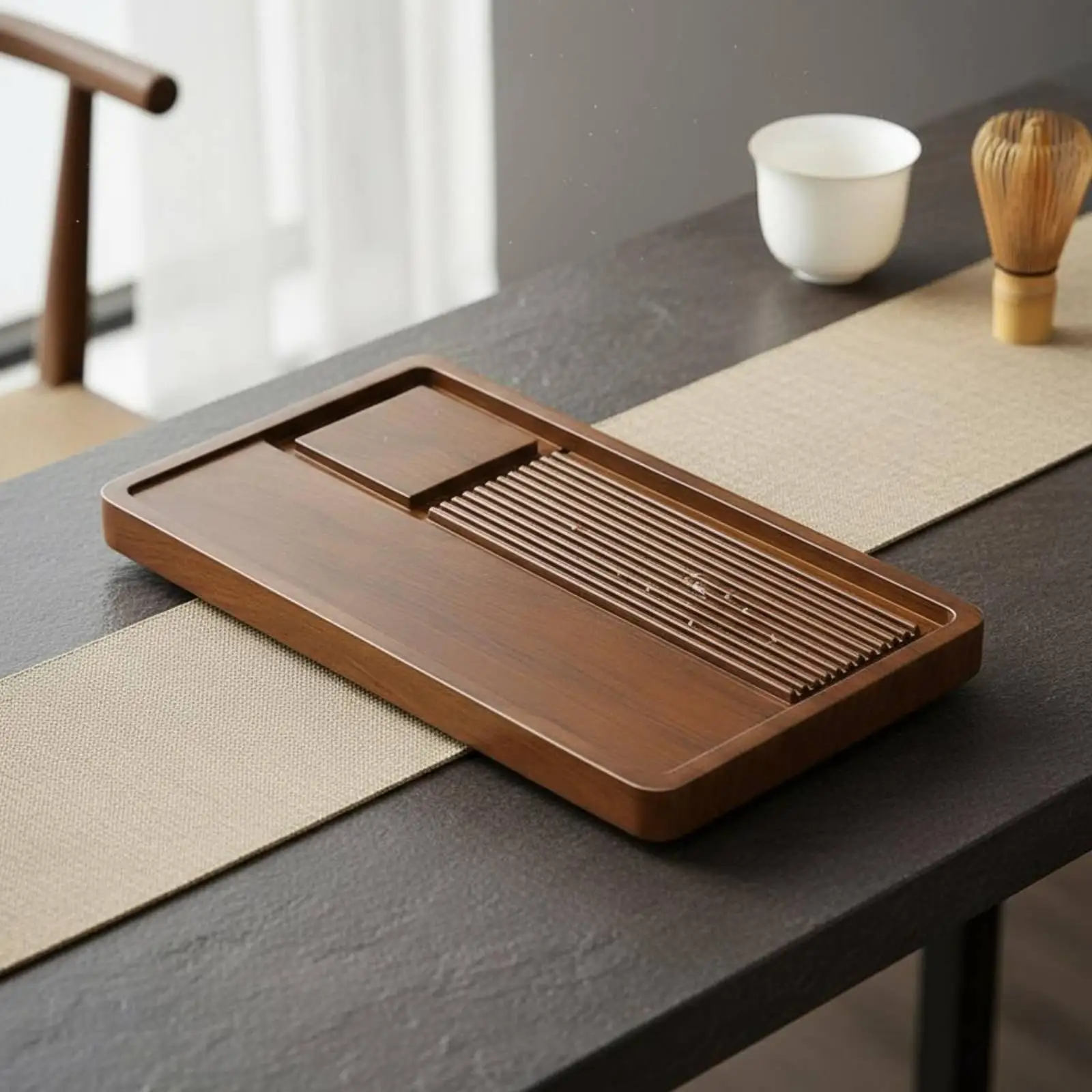 Elegant Wooden Tea Tray with Drainage System Rectangular Bamboo Serving Board Decorative Tray for Dining Table Coffee Table Use