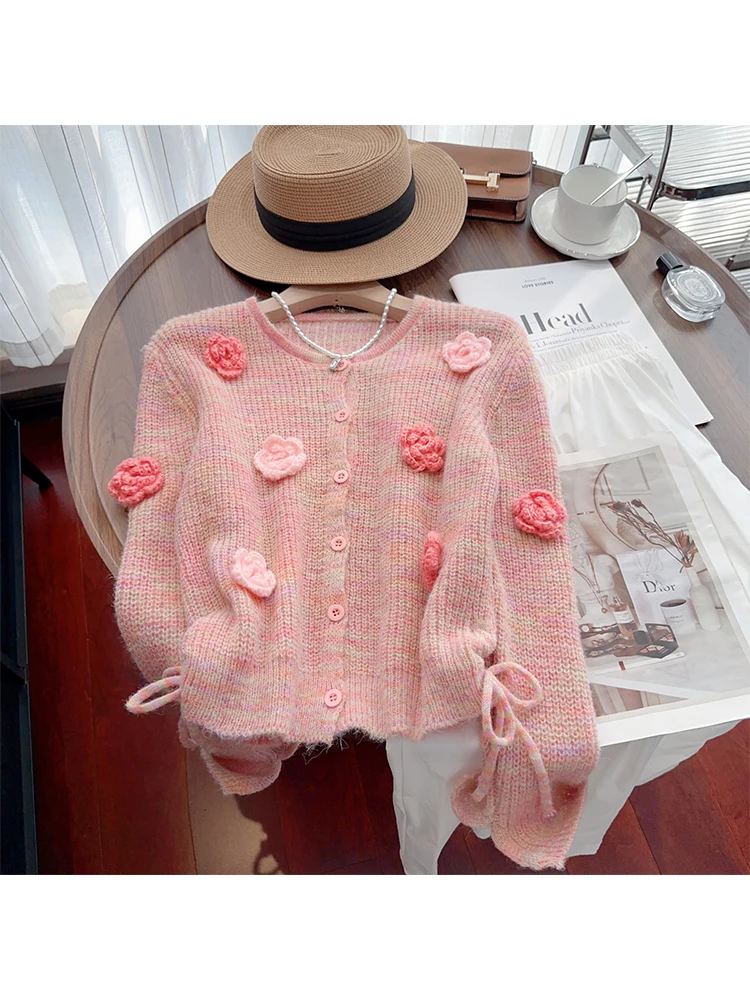 Autumn Winter Women Floral Cardigan Sweater O-Neck French Vintage Long Sleeve Knitwear Mohair Mori Girl Stylish Cute Core Tide