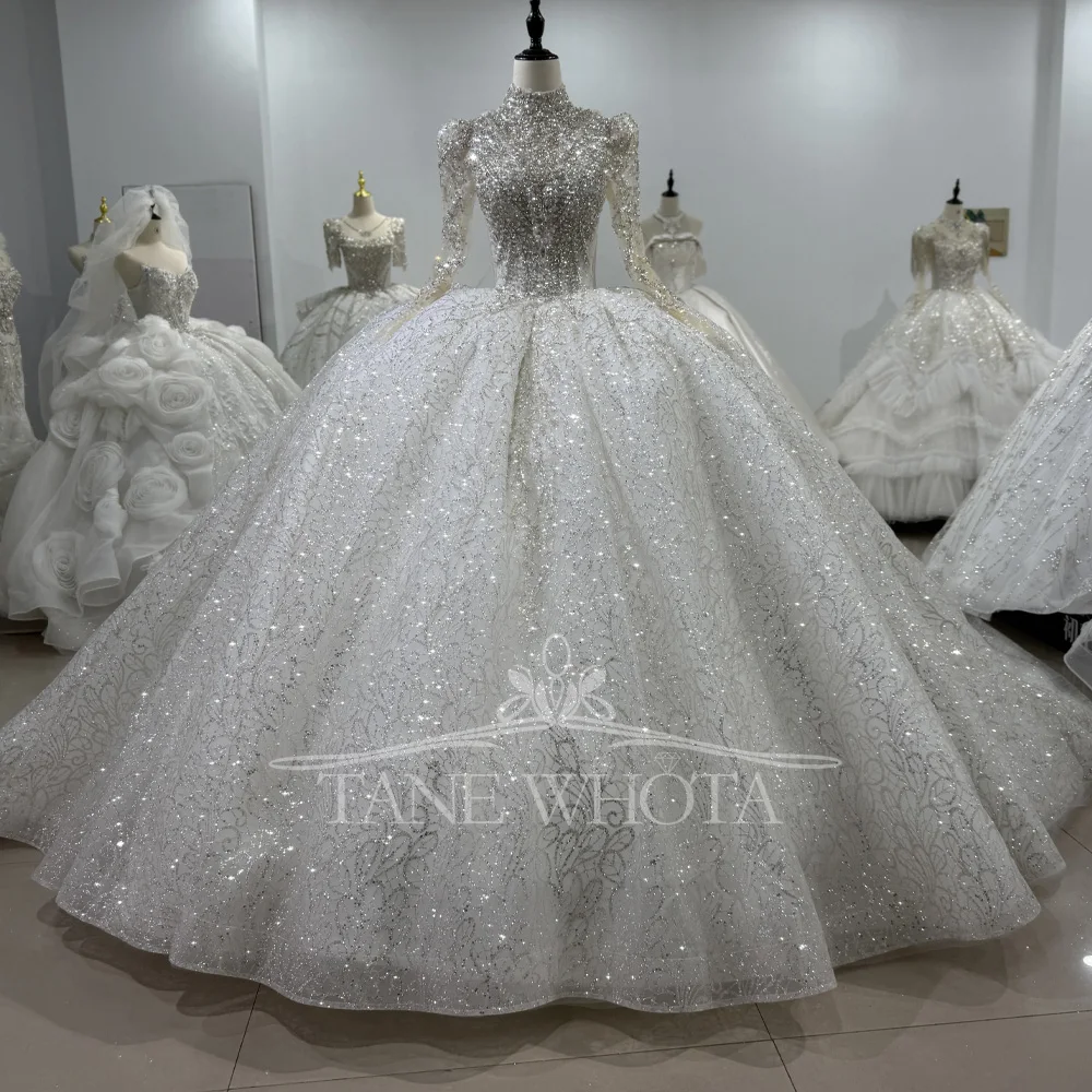 

Vestidos Boda, свадебное платье с высоким длинным рукавом и кристаллами, расшитое блестками, на шнуровке, с замочной скважиной сзади, бальное платье по индивидуальному заказу для невест