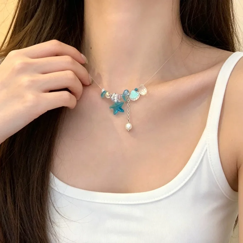Summer Beach Starfish Shell Pearl Choker Necklace 2026 Invisible Wire Lightweight Elegant Collarbone Chain For Women Daily Party