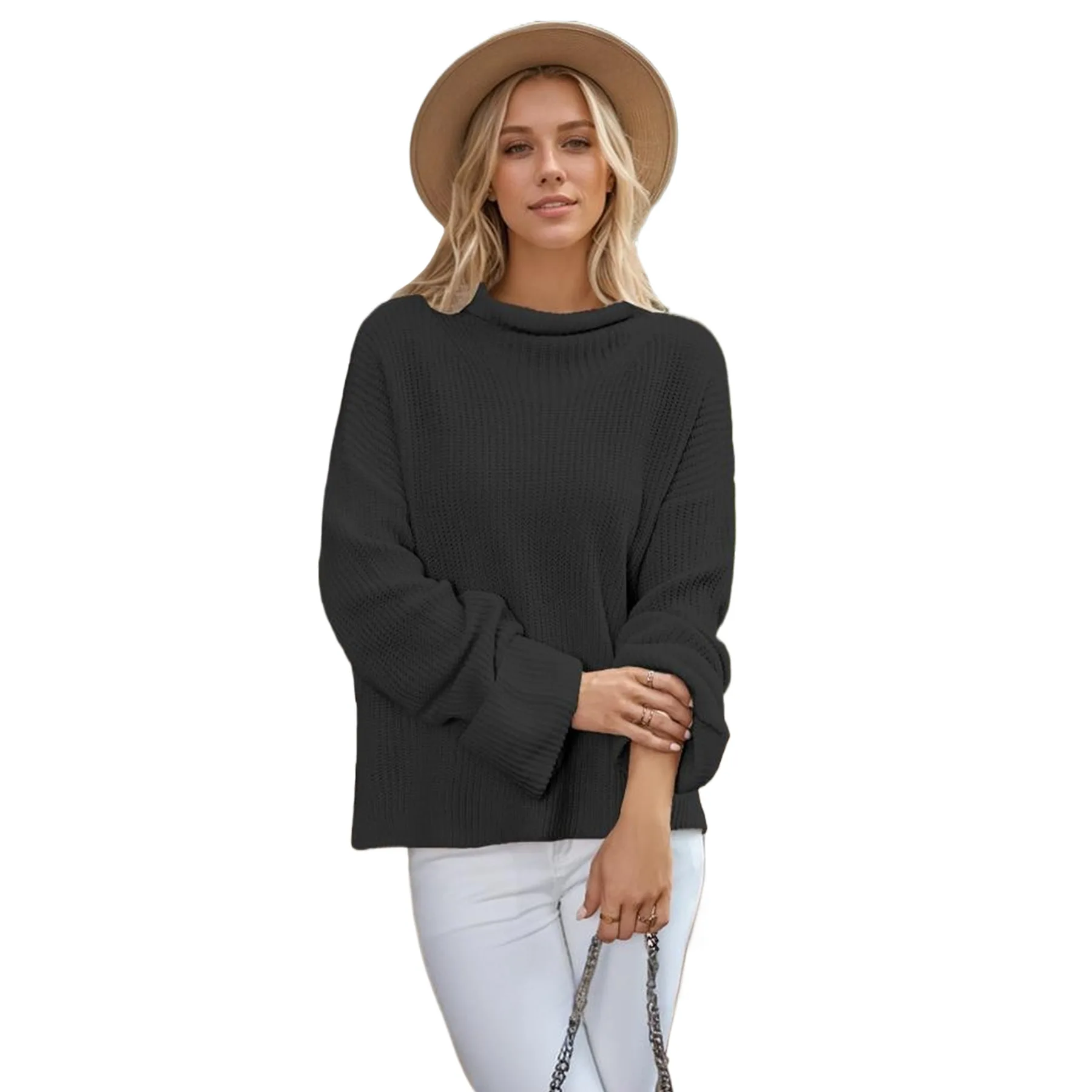 2024 Women's Tops Pullover Jumper Sweater Female Clothing Pullovers Round Neck Solid Color Trumpet Sleeve Turtleneck Pullover