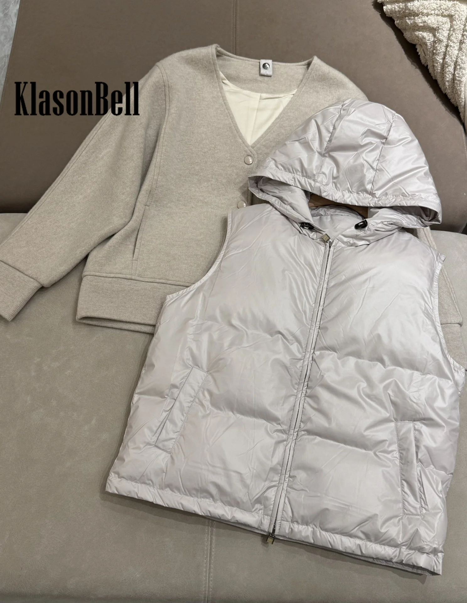 9.24 KlasonBell Women Autumn Winter Keep Warm Goose Down Hooded Vest + Cashmere Knitted Long Sleeve Jacket Coat 2 Piece Set