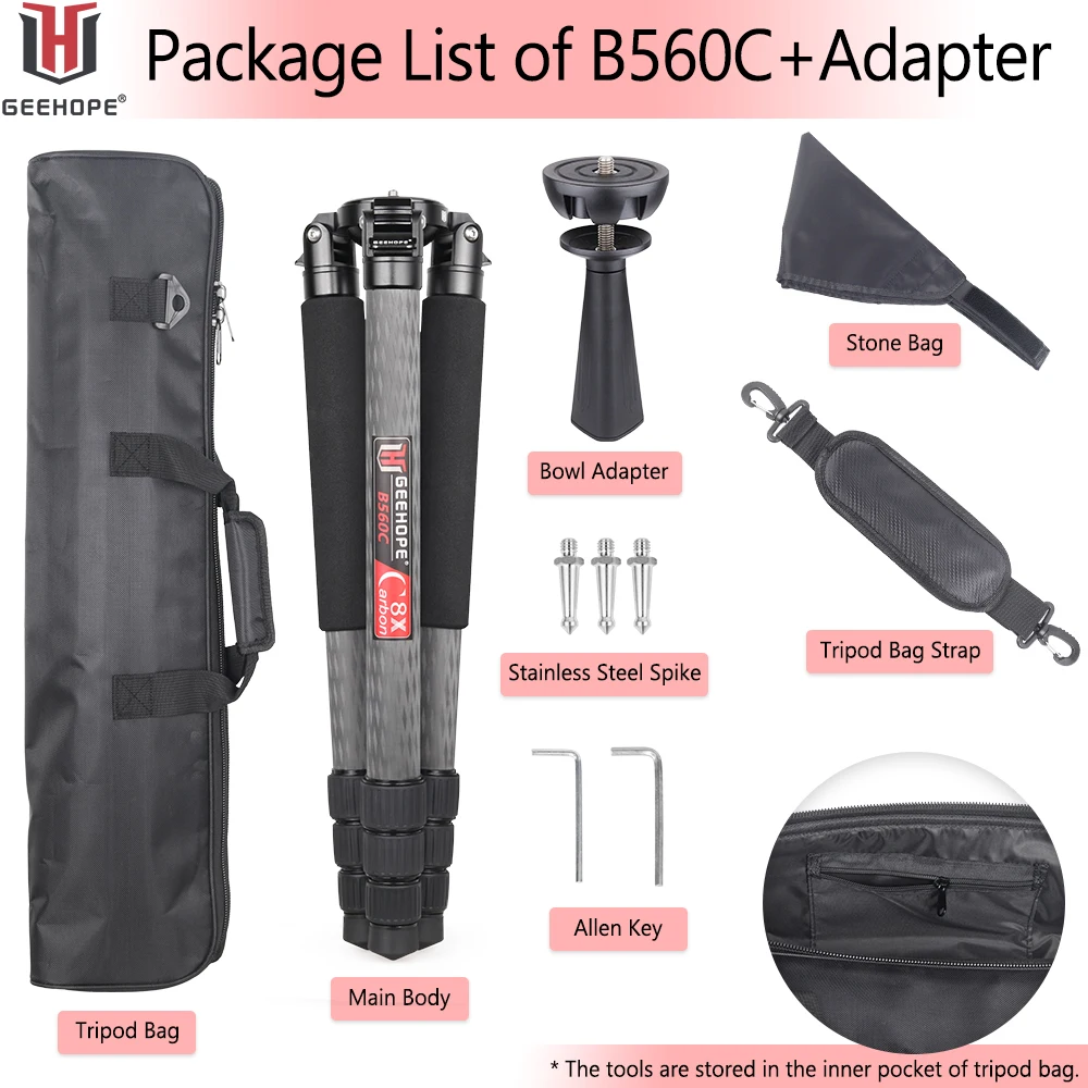 B560C Carbon Fiber Tripod 40mm Tube Professional Heavy Duty Tripod 30kg Load Bowl Tripod for DSLR Camera Shooting Birdwatching