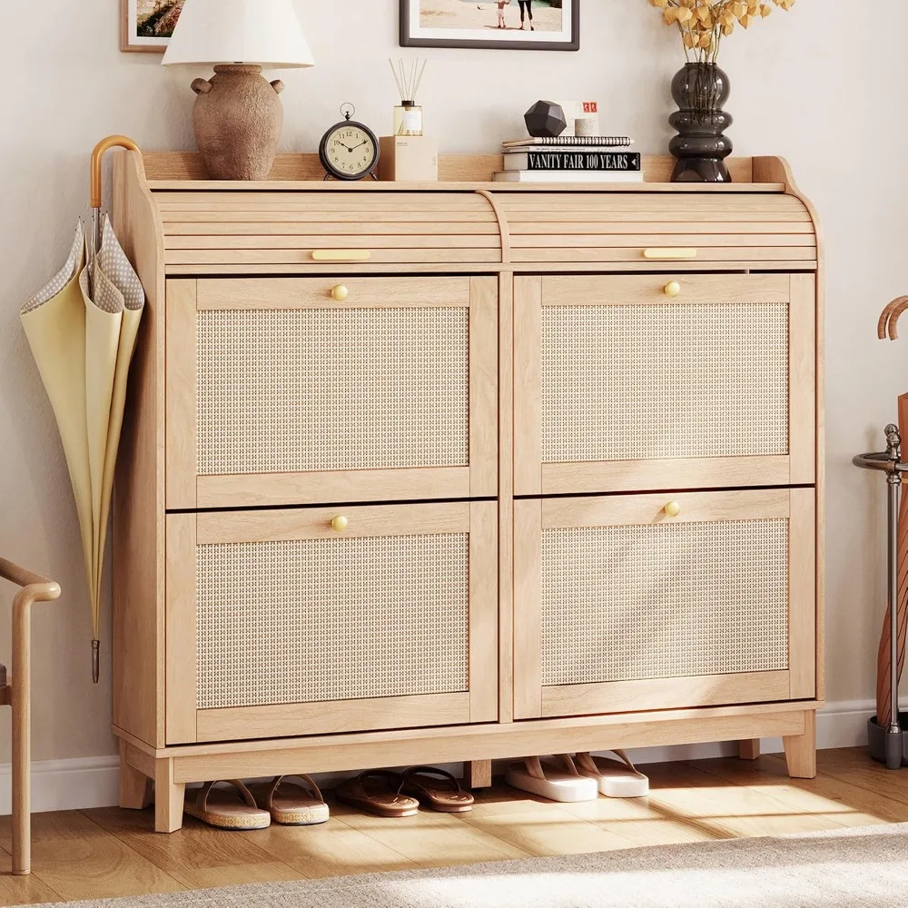 Rattan Wood Oak Shoe Storage Cabinet Sliding Tambour Door Flip Drawer Entryway Front Door Hallway