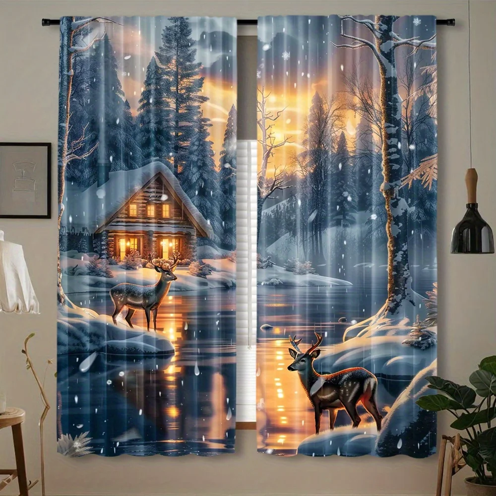 Warm Winter Cabin Deer Curtain 2 Panels Snowy Woods Sunset Water Reflection Inn Room Curtain Nordic Country Bedroom Home Decor