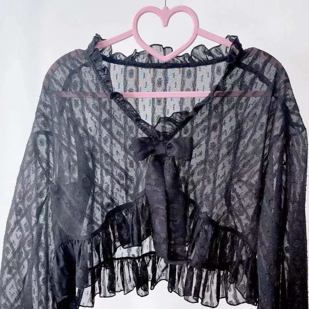 Letnia Lolita Szyfonowa Krótka Kurtka z Bufiastymi Rękawami Damska Warstwa Wewnętrzna Kokarda Długi Rękaw Kardigan Warstwa Zewnętrzna Ochrona Przed Słońcem Top