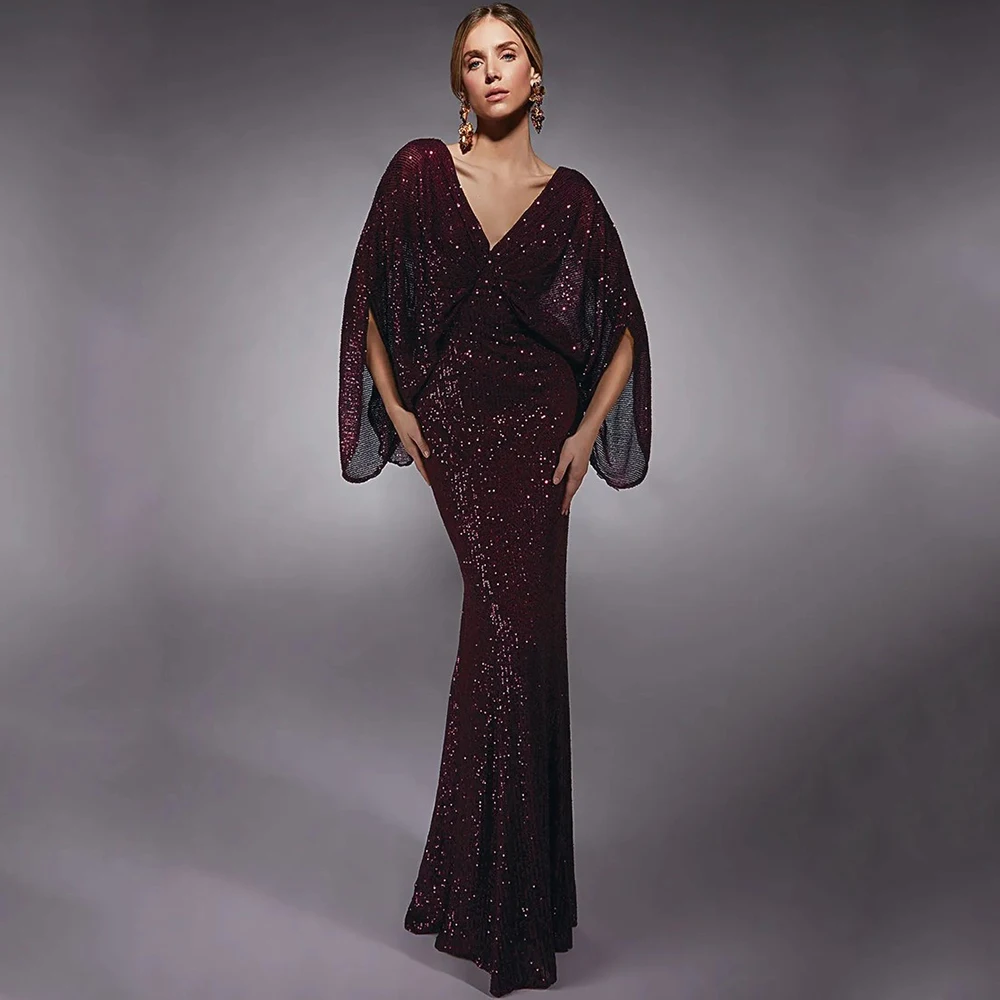 

Vintage Glitter Evening Dress V-Neck Half Sleeve Mermaid Floor Length Sexy Backless with Zipper Women Party Customized Gowns