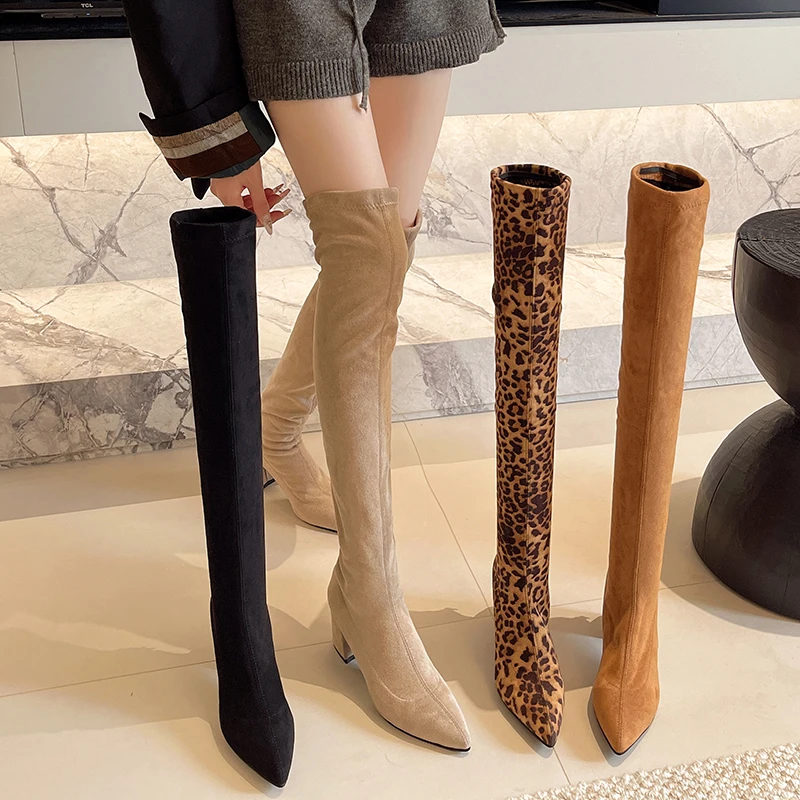Overknee-Stiefel aus Wildleder für Herbst/Winter, neue schmale hohe Stiefel mit spitzem Zehenbereich und Reißverschluss hinten und Blockabsatz