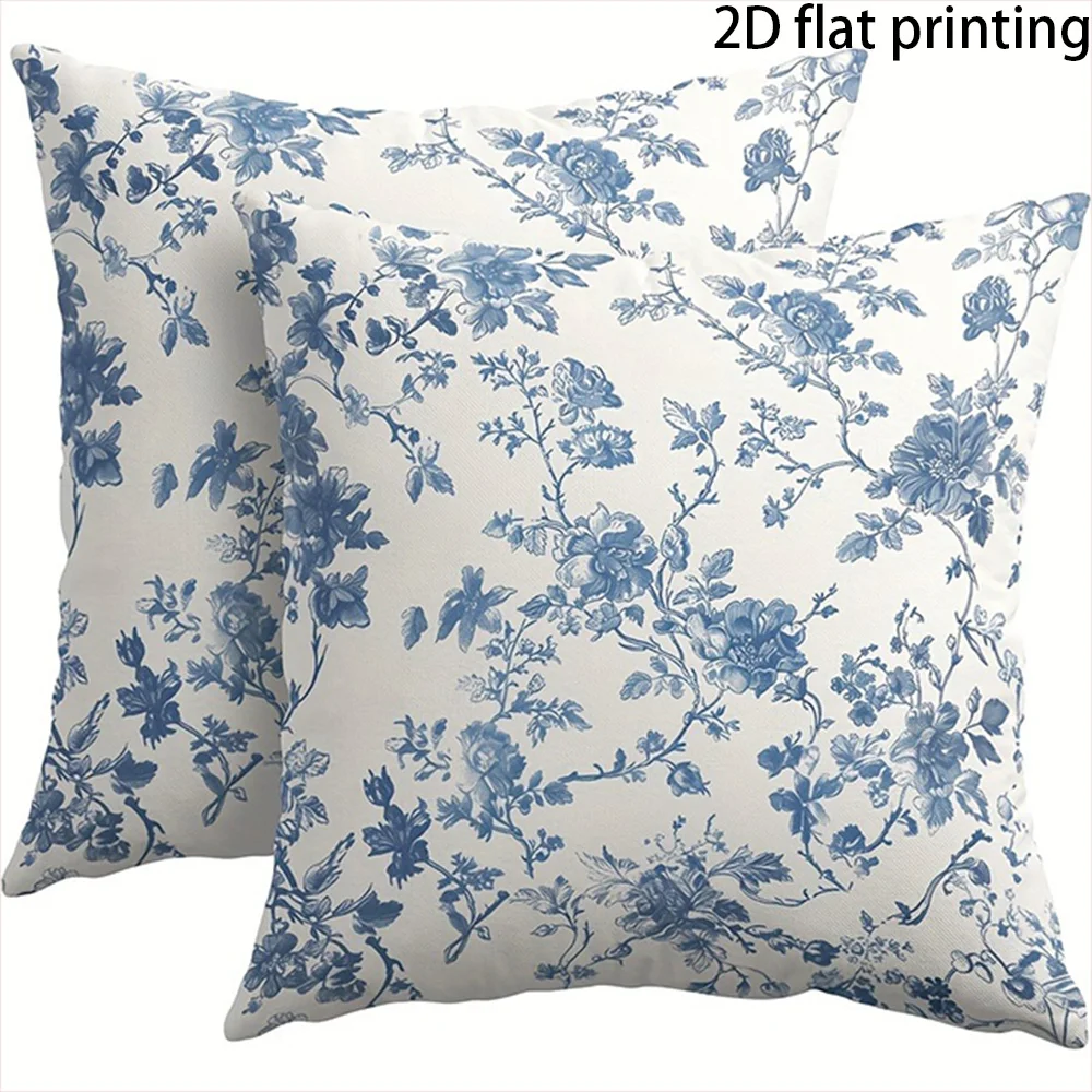 2pcs Vintage Blue Floral Pillow Covers 18X18 Inch Zippered Washable Decorative Sofa Decor Double-sided Printing No Pillow Core