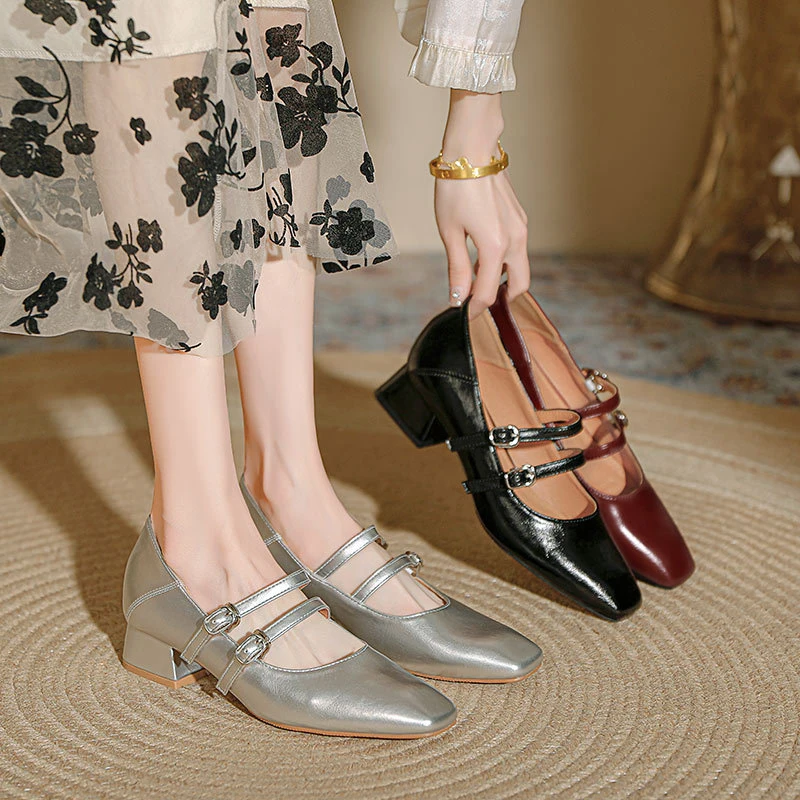 

French Mary Jane shoes, 2025 new model, square toe, low heel, single strap, flat toe, 2026 spring/summer new model