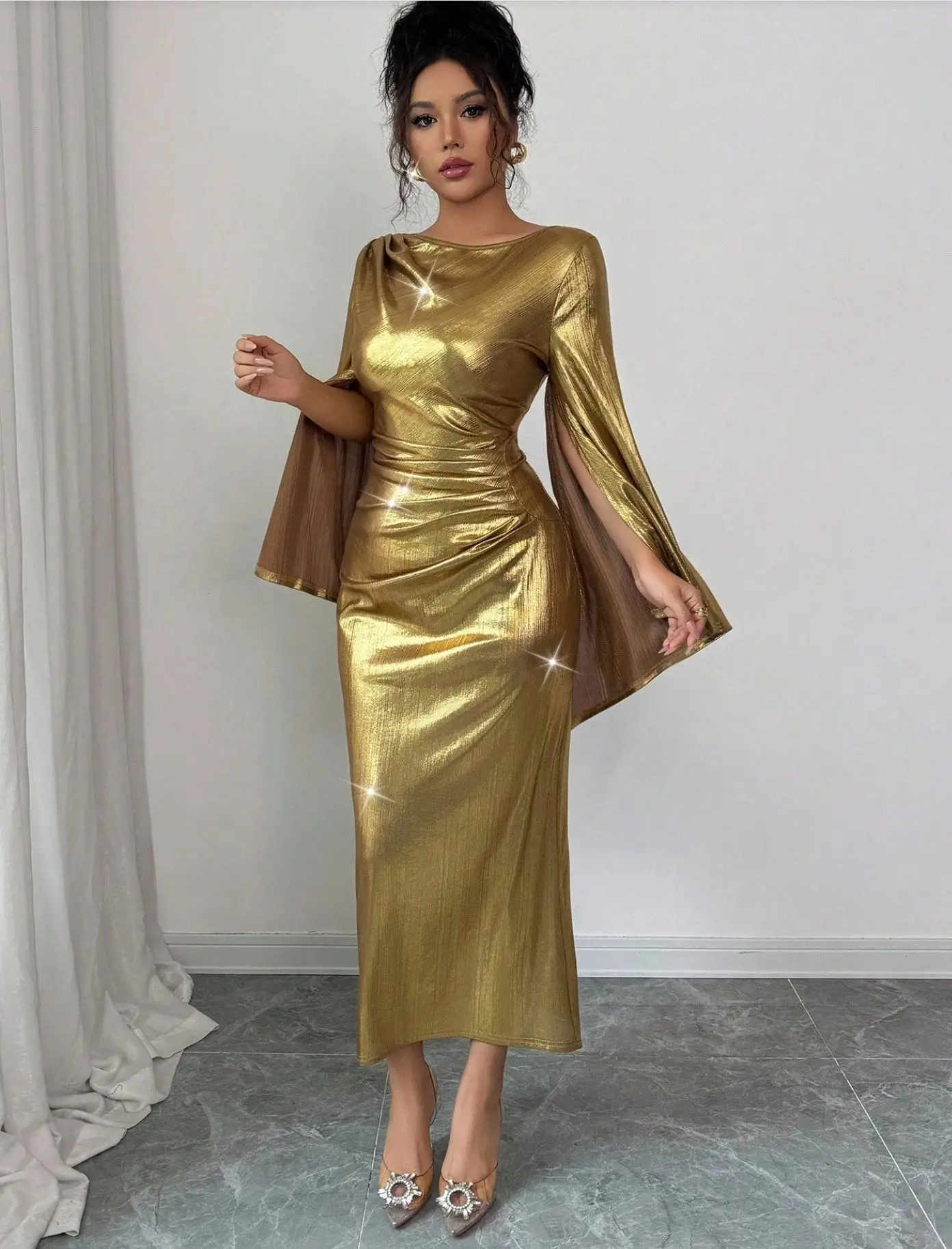 Vestido plisado metálico vestidos de noche para discoteca 2025 mujeres otoño Sexy ceñido al cuerpo Maxi vestidos de fiesta elegante vestido de fiesta de noche