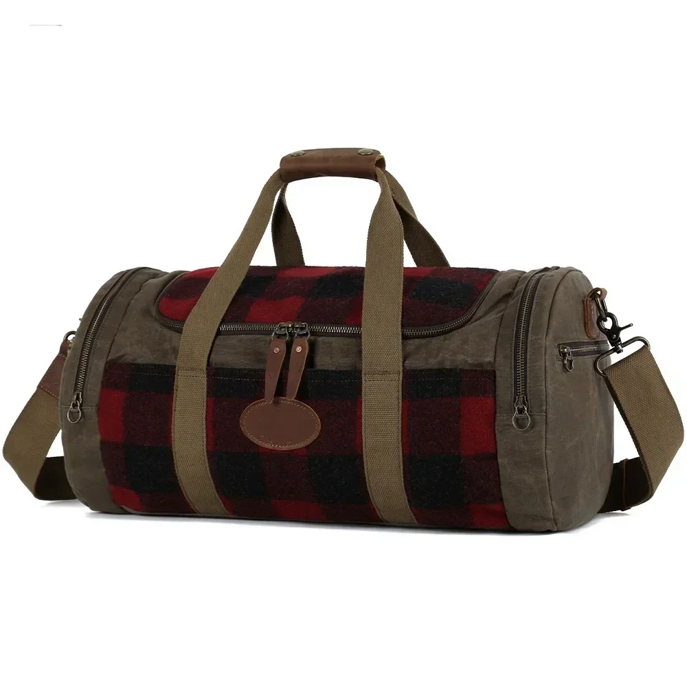 Men Canvas Travel Duffel Bag Vintage Genuine Leather Travel Handbag  Weekender Bag