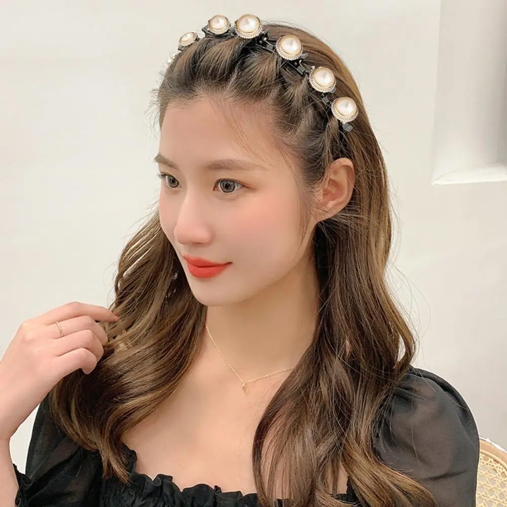 Pearl Flowers Hairpin Hairbands for Women Non-Slip Headband Rhinestones Hair Bands Clips Hairstyle Double Bangs Hair Accessories