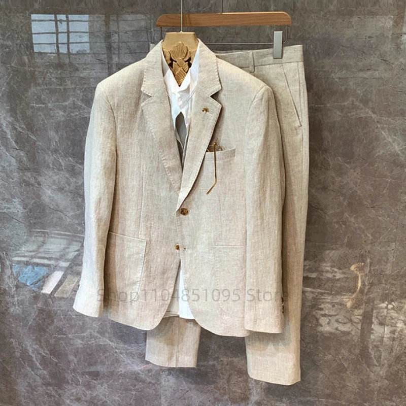 Casual Men's Linen 2-piece Suit Slim Fit Notch Lapel Jacket Singel Breasted Blazer Pant Set Summer Seabeach Wedding Men's Suits