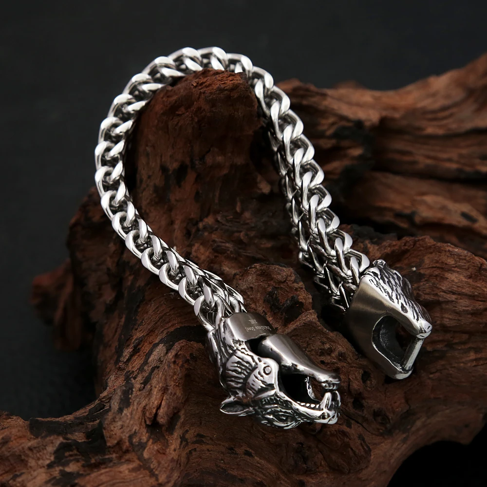 Punk Vintage Viking Wolf Head Bracelet Stainless Steel Men\'s Animal Wristband Charm Trendy Mesh Chain Bangles Fashion Jewelry