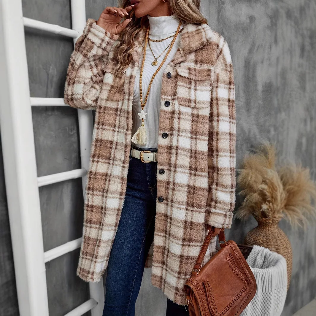Soft Fuzzy Plaid Long Overcoat Button Down Open Front Side Pockets Loose Fit Thick Warm Cozy Commute Winter Streetwear Lady Coat