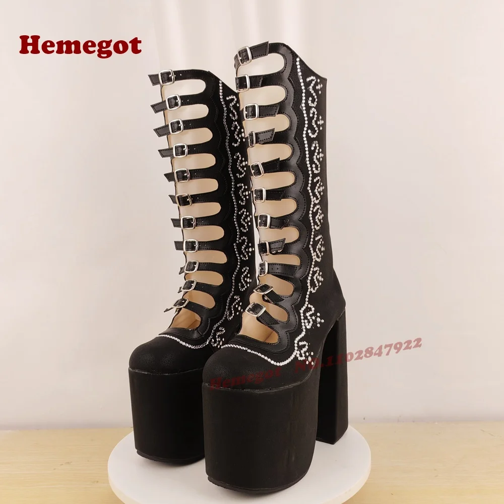 

Сандалии на платформе с черными кристаллами, женские сандалии с вырезами и несколькими пряжками, ботинки на блочном каблуке, обувь для подиума, летняя роскошная пикантная обувь