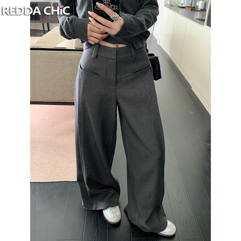 ReddaChic Modern Gray Pleated Front Suit Trousers Women High Waist Wide Leg Loose Palazzo Pants Work Casual Plus Size Clothes