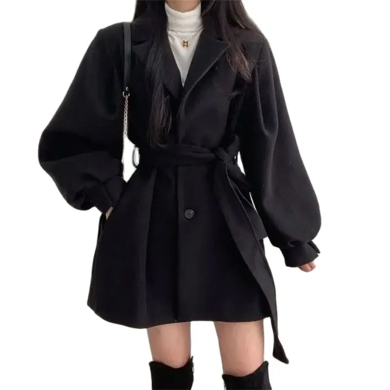 

Women's Woolen Coat Nice Autumn Wool Overcoat Ladies Belt Slim Waist Woolen Coat Jacket Women Windbreaker