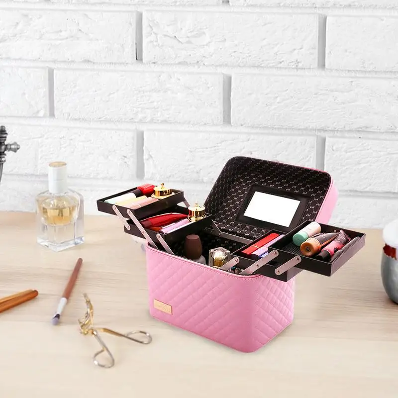 Makeup Train Case Makeup Bag Cosmetic Bags With 4-Layer Foldable Tray Multifunctional Toiletry Box Makeup Travel Bag For Jewelry