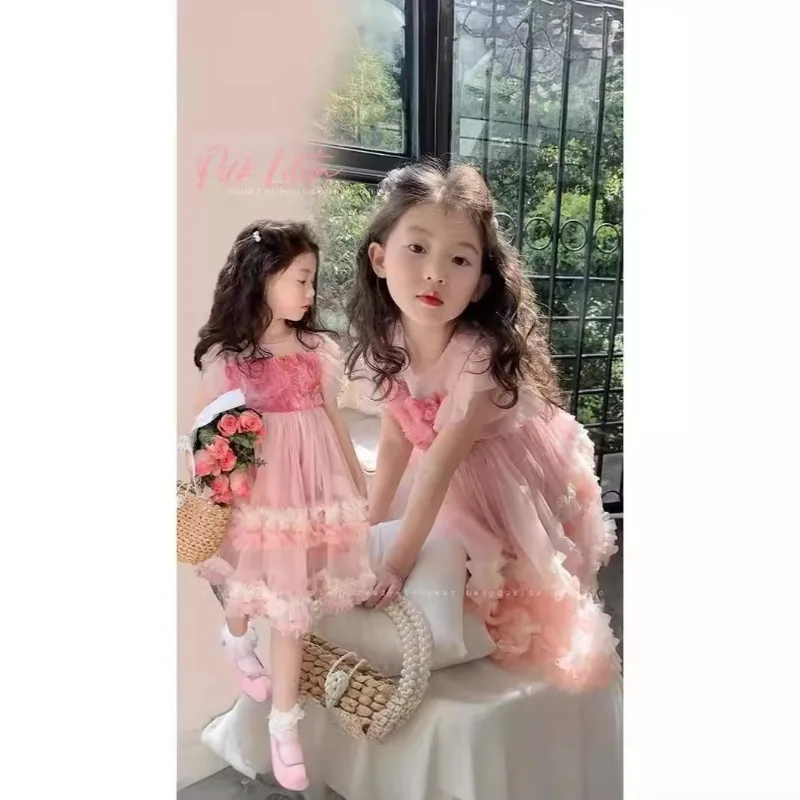 Korean Style New Summer Kids Girl Dress O-neck Cute Chiffon Yarn Pink Fashionable Cake Layered Princess Dresses K0038