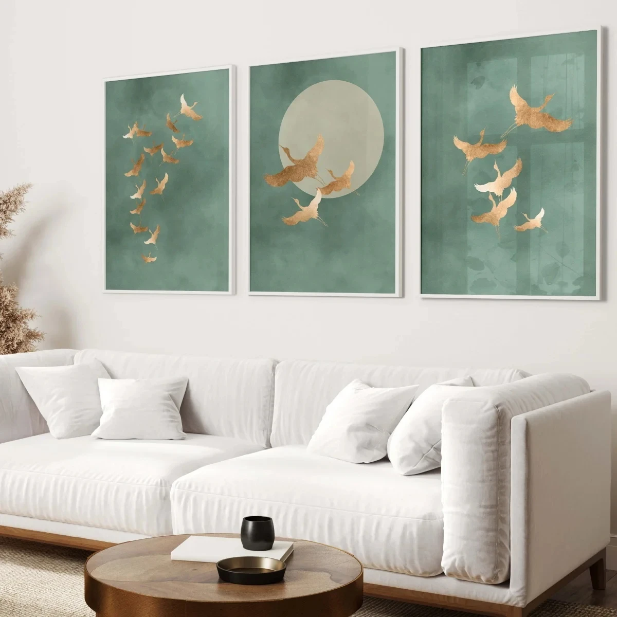 

3pcs Green Crane Canvas Poster Picture Wall Art Simple Japanese Style Golden Bird Modern Living Room Dining Room Home Decoration