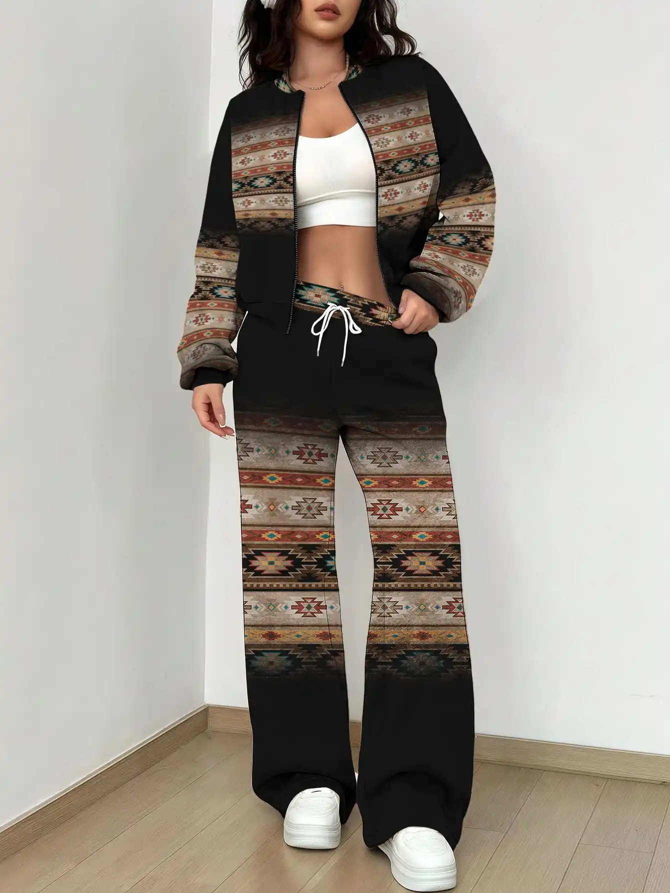 

2025 Autumn New Women's Flower Simple and Innovative Color Contrasting Zipper Long Sleeve Tethered Pants Set 108