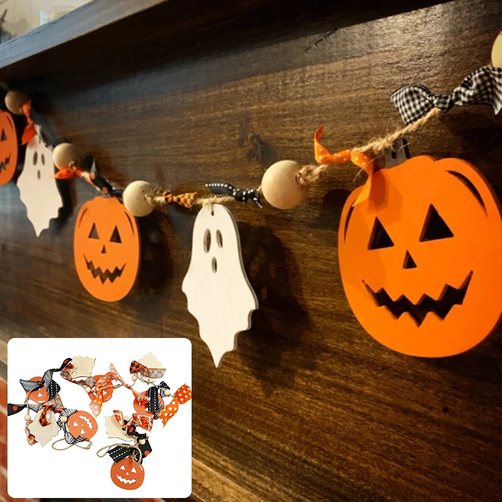 

Wooden Pumpkin Spooky Beaded Pendant Garden Hemp Rope Wall Hanging Decor For Fireplaces Window Halloween Lovely Ornament Party
