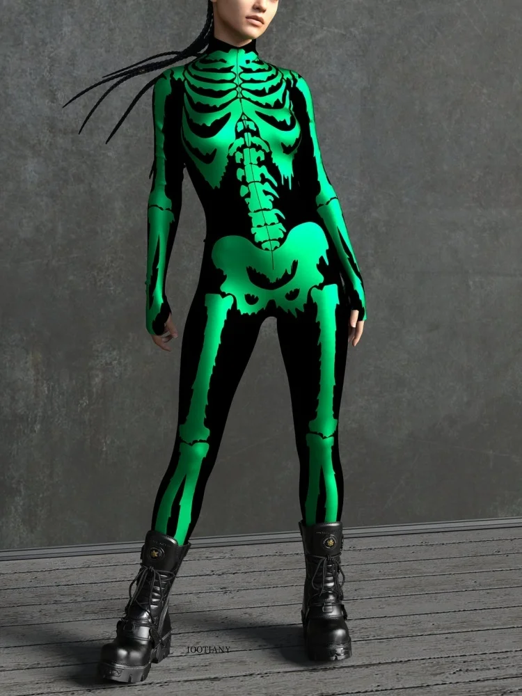 IOOTIANY Damen Grüner Sexy Horror-Skelett-Geister-Bodysuit-Set Halloween Karneval Party Aerial Bühnenauftritt Kostüm-Set – Detail 7