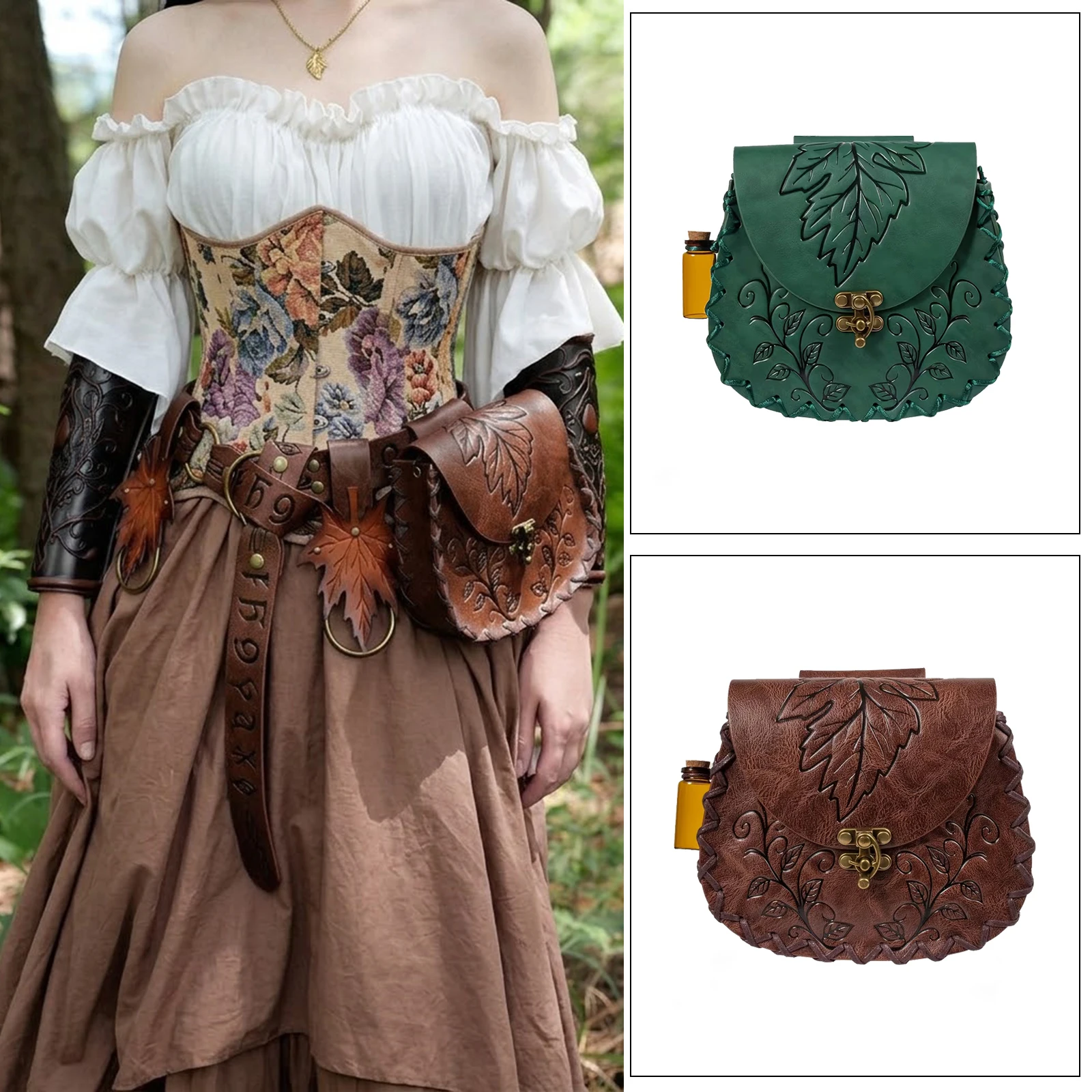 

Medieval Leaf-Patterned Embossed Leather Waist Bag Retro Forest-themed Belt Pouch Renaissance Costume Accessories Cosplay Props