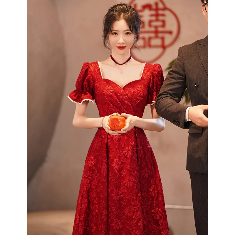 Chinese Style Burgundy Cheongsam Lady Puff Sleeve Qipao Large Size 4XL  Formal Party Dress Elegant Bridal Wedding Dress