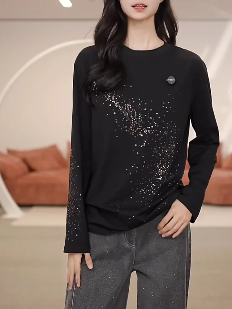 

Корейская женская футболка с круглым вырезом и длинным рукавом, свободного кроя, повседневная, универсальная, с пайетками, больших размеров, осенняя новинка