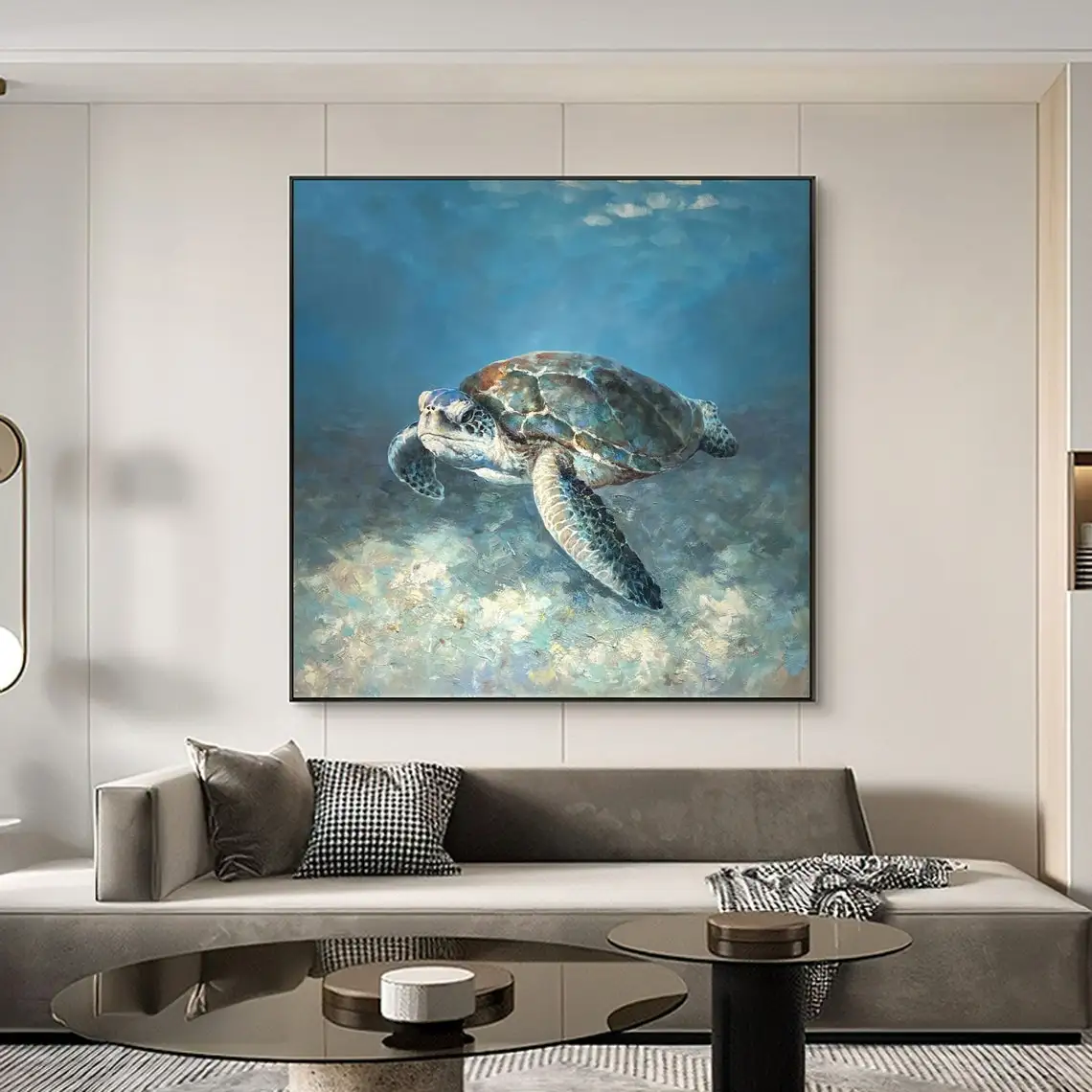 Hand Painted Sea Turtle Oil Painting on Canvas Large Impressionist Marine Turtle Wall Art Animal Wall Decor for Living Room Art