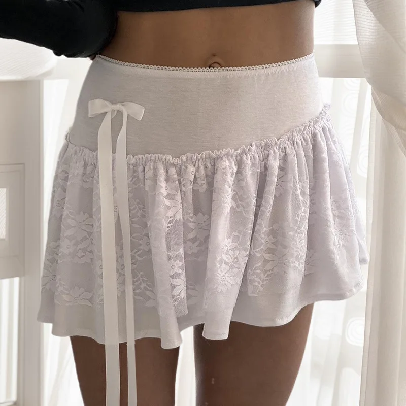 Bow and Lace Spliced Half Skirt Sweet Pleated Low Waist Wrapped Hip  A-line Short Skirts