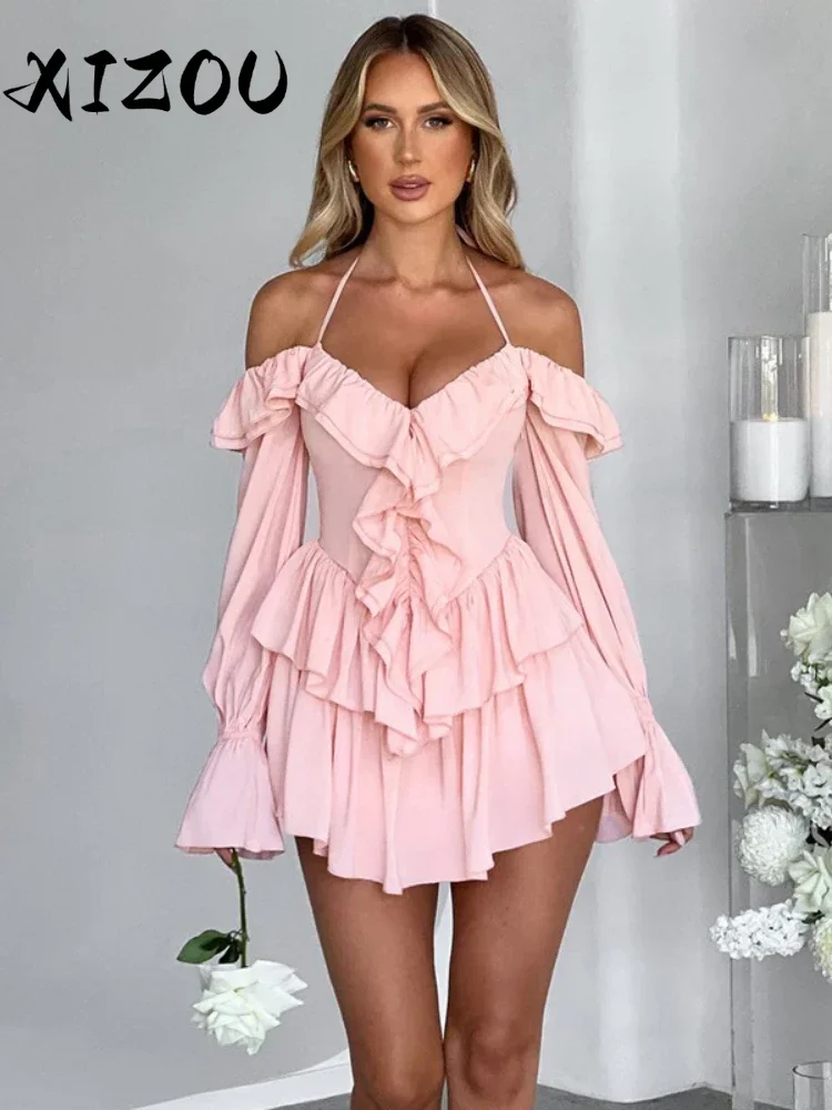 

XIZOU Elegant Sexy Dress Women Autumn Trend Lace-Up Ruffles Stretch Halter Mesh Flared Sleeves Pleated Hem Wedding Bodycon