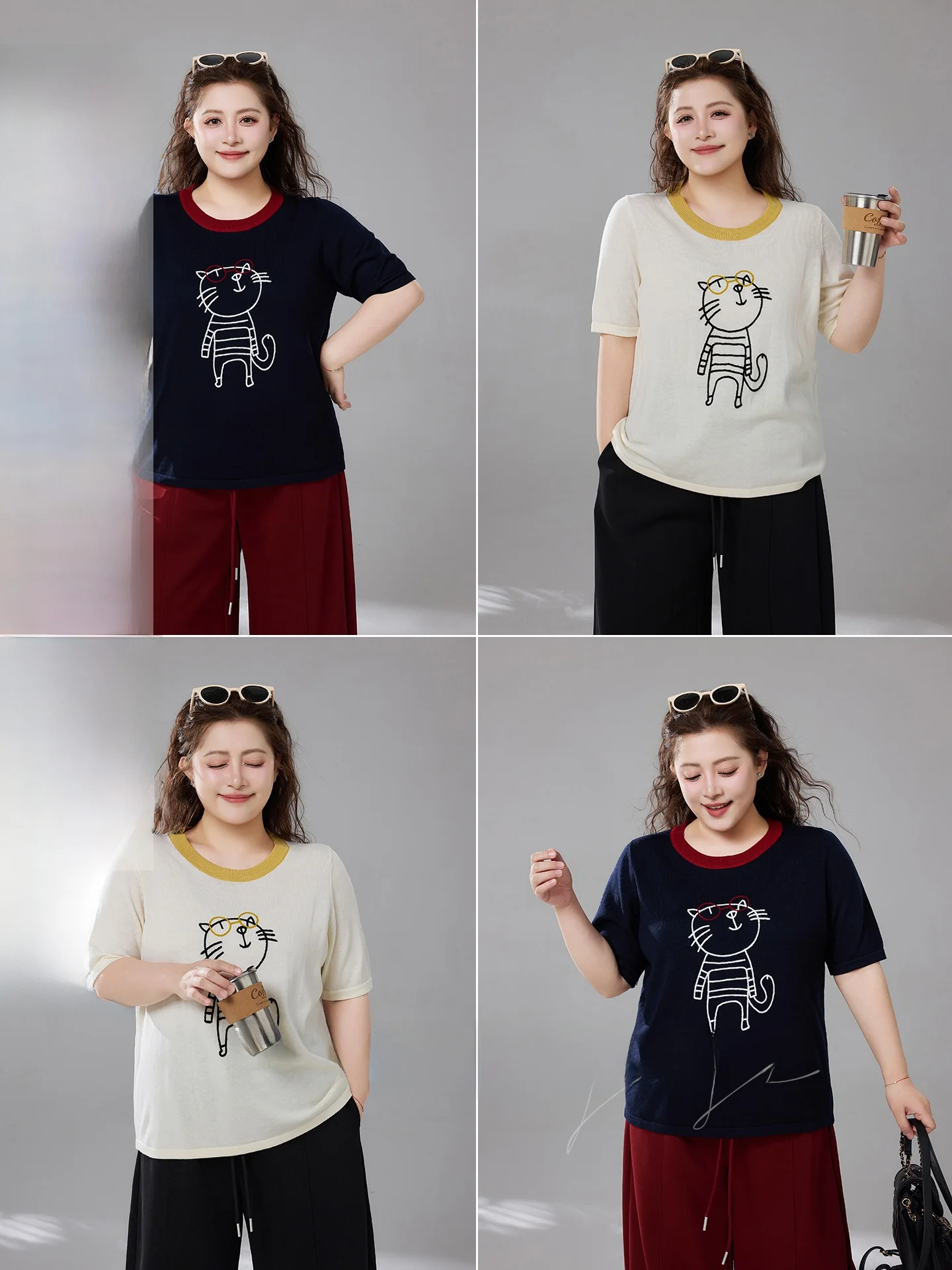 

Meat Miss Large Size Women's Casual Knitted Shirt Spring New round Neck Color Block Short Sleeve Cartoon Top