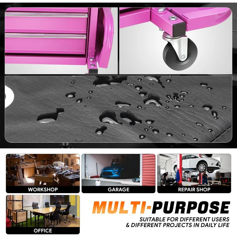 3-Drawer Tool Chest Rolling Mechanic Seat with Tool Trays,350lbs Max Weight Capacity, Purple, TOOLS-00261-PR