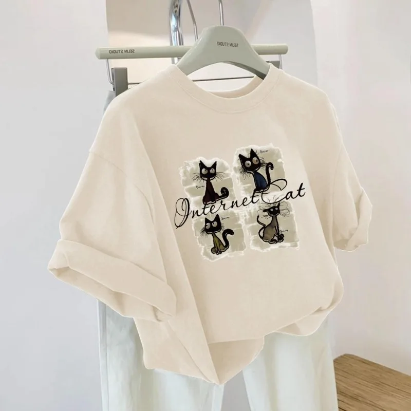 Fashionable American Trendy Cat Print Round Neck Short-sleeved Pullover Casual Versatile Loose Elegant Top
