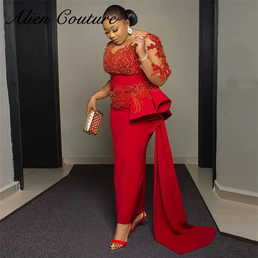 

Exquisite Red Beading Evening Dress Luxury Diamonds Sequins Birthday Dress Long Sleeves Wedding Guest Gown Aso Ebi Customized